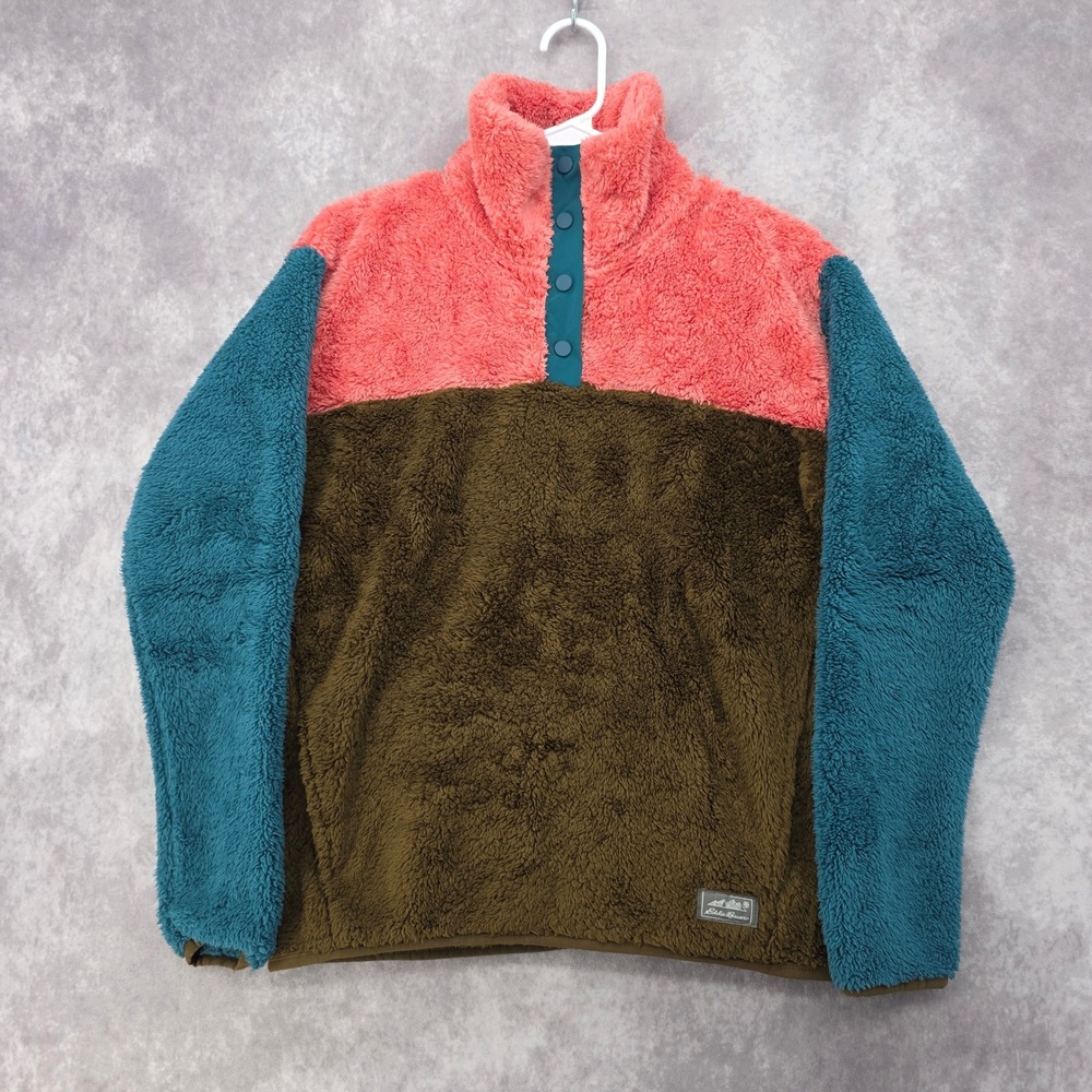 Eddie Bauer Womens Sherpa Fleece Jacket Pink Colorblock Snap Pullover Small